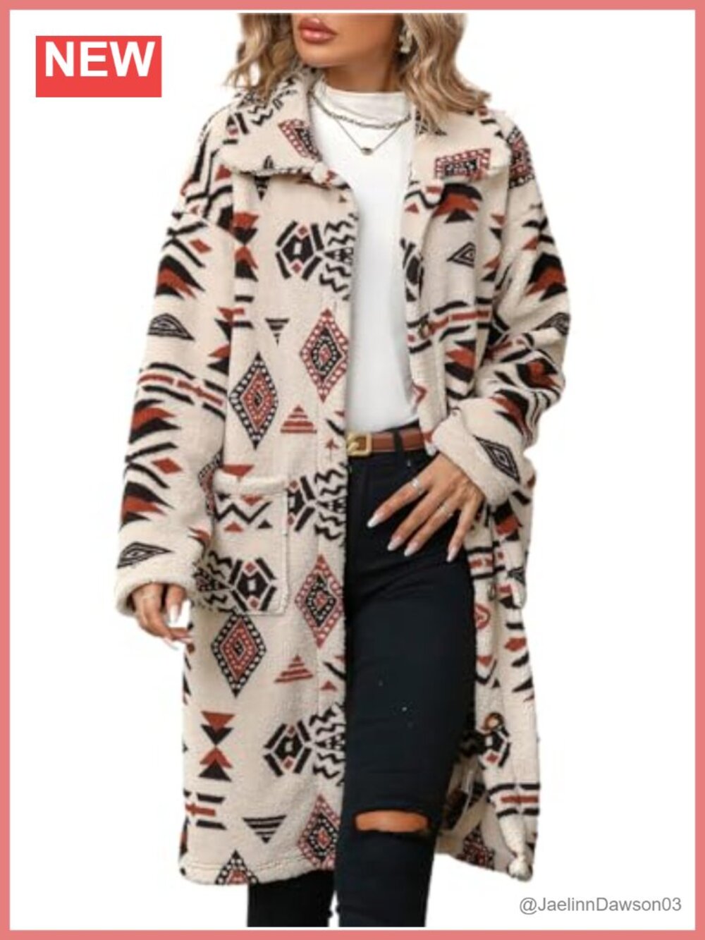 Women's Fleece Floral Aztec Trench Coat Single Breasted Warm Mid Long